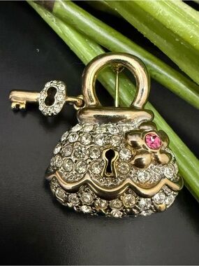 Genuine Pave Crystals Handbag with Key Gold-tone Brooch